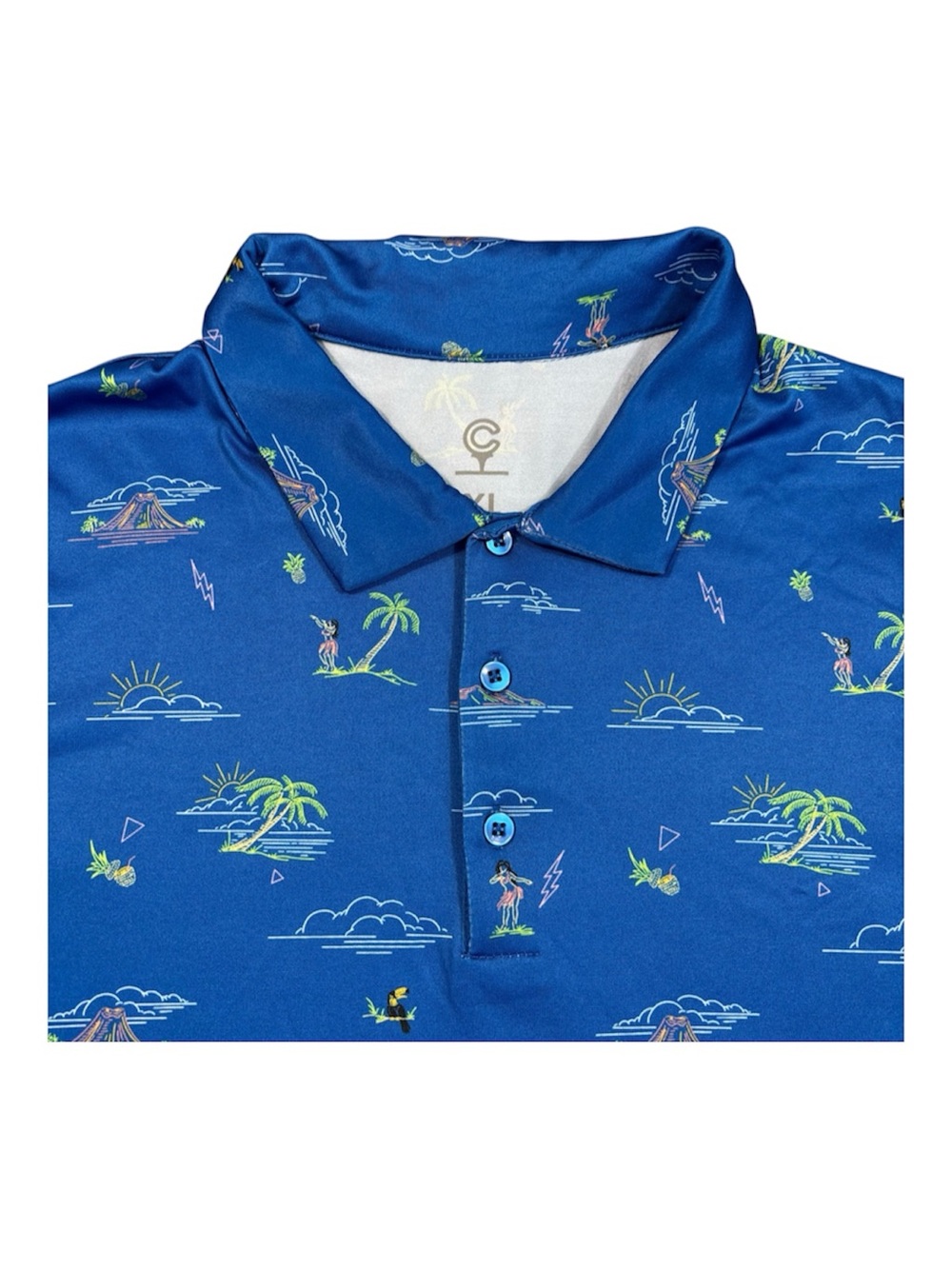 TravisMathew Cuater Mens XL Golf Polo Shirt Blue Hawaiian Volcano AOP Stretch